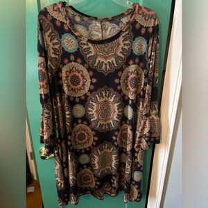 Multicolored Paisley Relaxed Ruffled Tunic Top perfect over leggings or boots.
